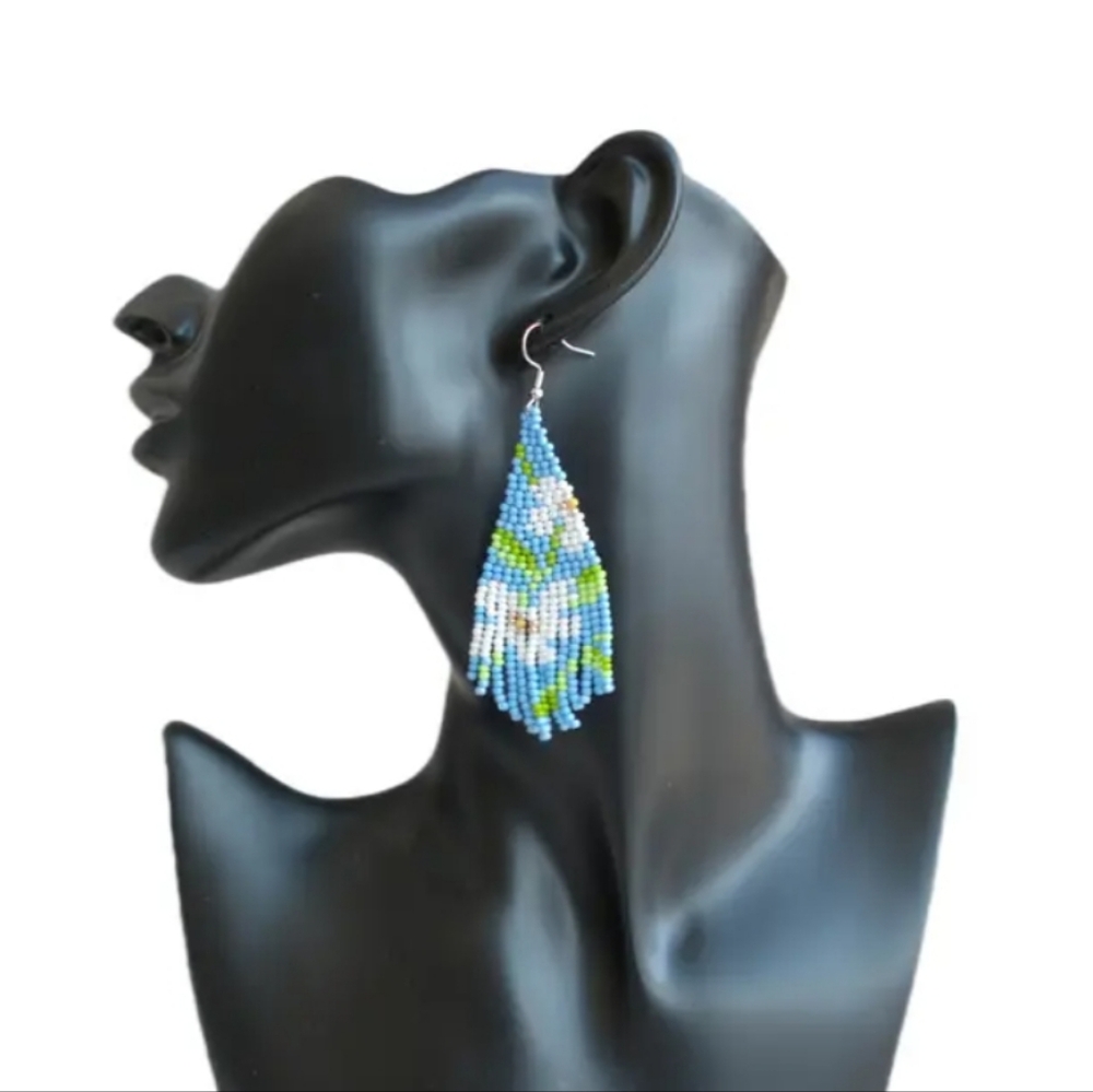 Blue and White Flower Beaded Earrings
